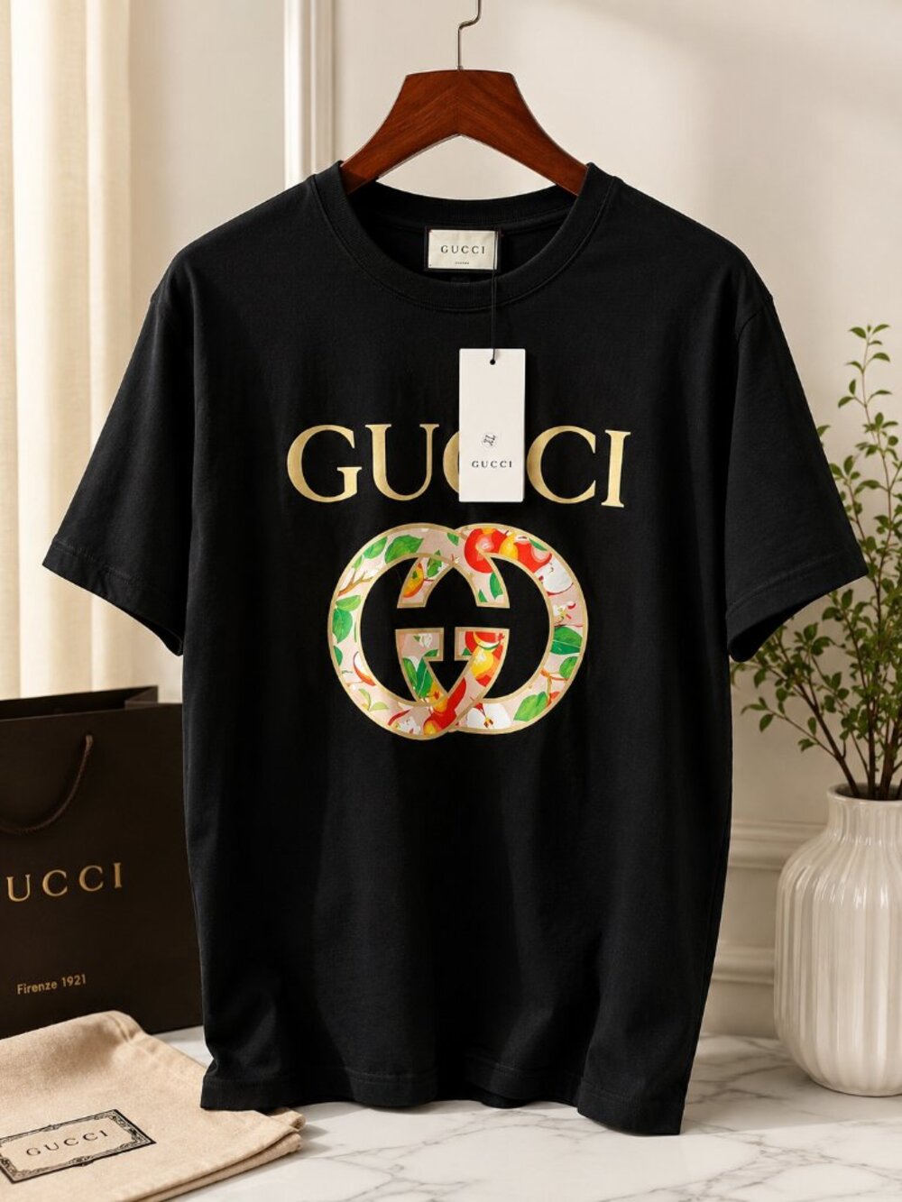 Men’s Black 100% Cotton Graphic T-Shirt Floral Logo Print New